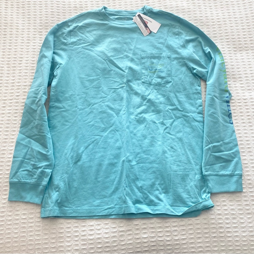 Vineyard Vines long sleeve burgee whale pocket tee aqua ocean NWT size large